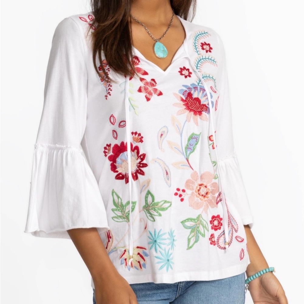 Johnny Was Freyde Embroidered Floral White Top